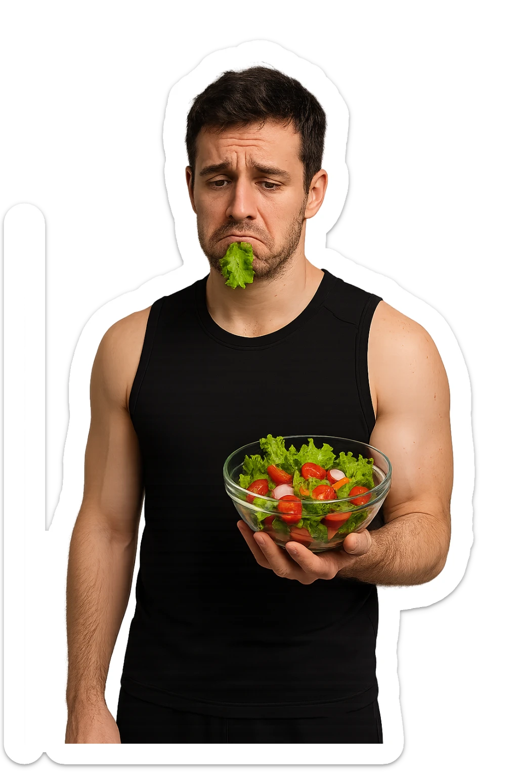 uomo fitness cON INSALATA IN MANO E FOGLIA DI INSALATA IN BOCCA, ESPRESSIONE TRISTE sticker