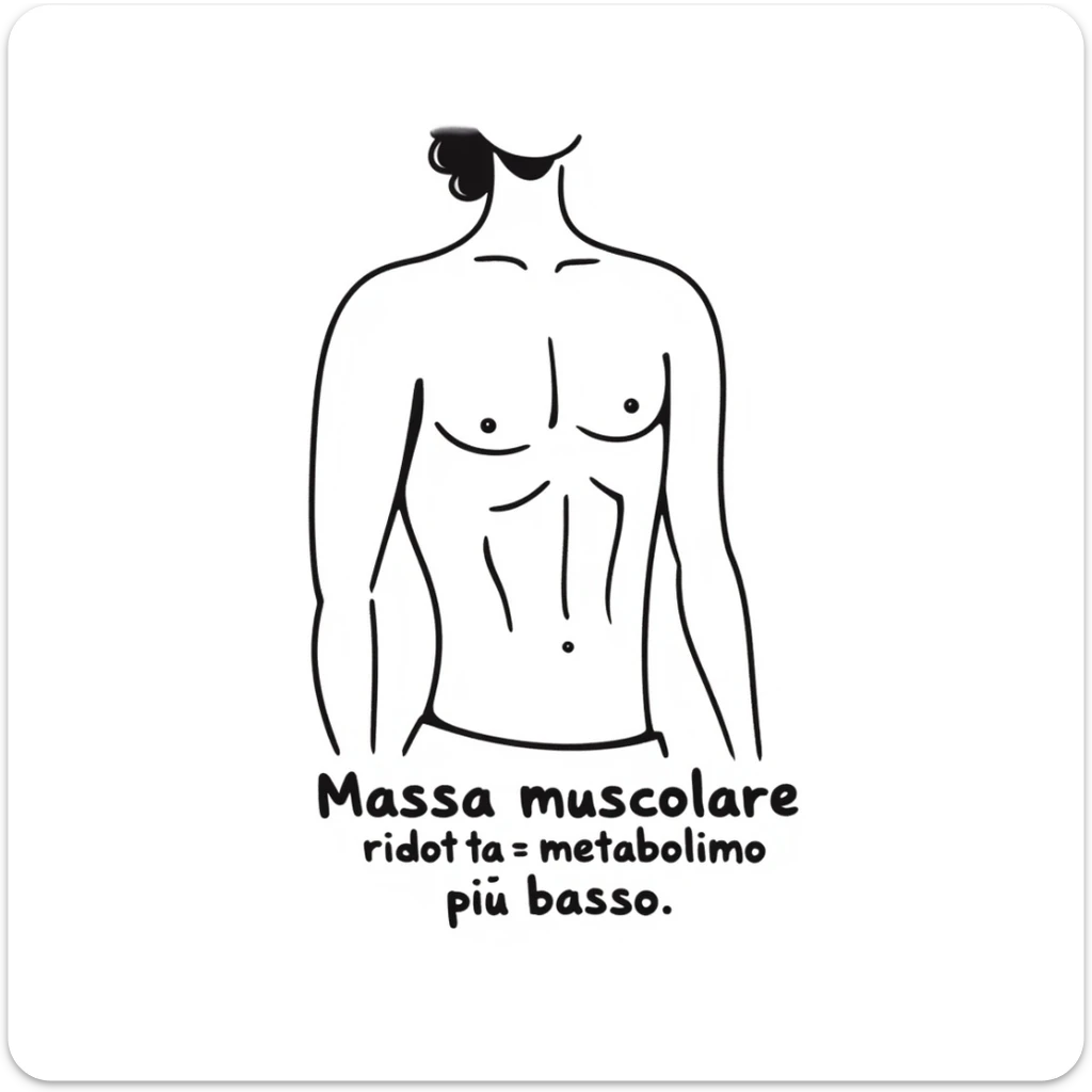 Primo piano del busto di un uomo magro, con muscoli poco sviluppati evidenziati, didascalia: “Massa muscolare ridotta = metabolismo più basso”, testo in italiano. sticker