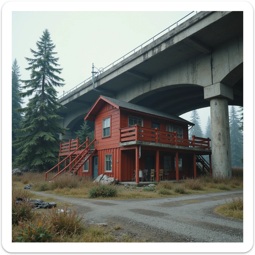  a screenshot of a location in a videogame  the image of the scene consists of:  [above-ground vacant train freeway partially collapsed], a red 1980's construction mansionesque wooden motel painted red, surrounded by war-torn pollution wreckage, wooded area sticker