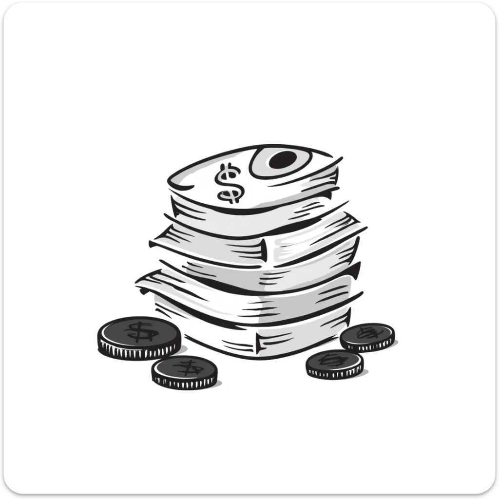 Money bills and coins, cash currency in pastel colors (dd9fb0, ffc6d3, a3bfc9, c4bee2, f1b091), hand-drawn doodle style sticker