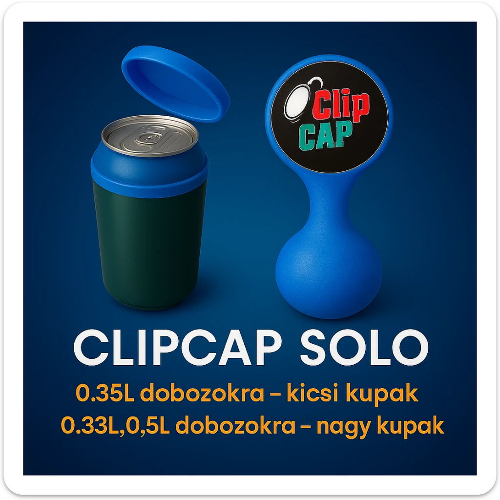 A kupakokat színezd át kékre. A CLIPCAP DUO felírat helyett CLIPCAP SOLO felírat legyen, a "kicsi és nagy kupak a csomagban" szöveg helyett "0.25L dobozokra - kicsi kupak" és a "0.33L,0.5L dobozokra - nagy kupak" külön sorban. sticker