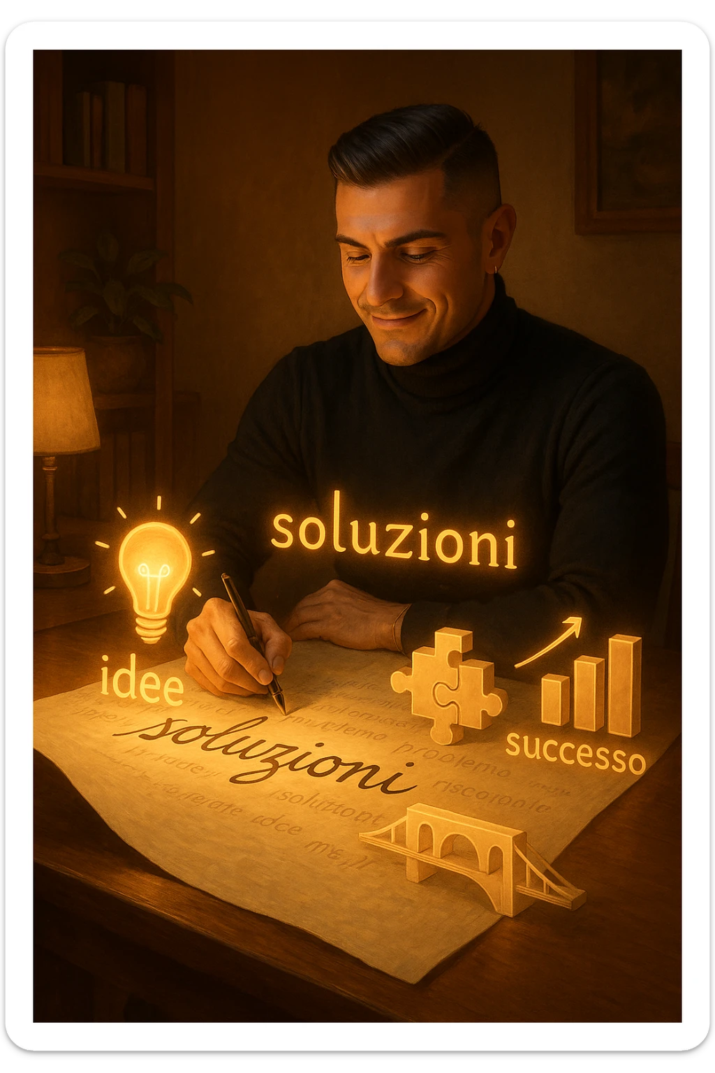 Un uomo concentrato, seduto alla sua scrivania in una stanza con luce calda, sta scrivendo su un enorme foglio di carta che si espande magicamente davanti a lui. Mentre scrive, le parole si trasformano in elementi visivi tridimensionali che rappresentano le soluzioni ai suoi problemi in italiano sticker