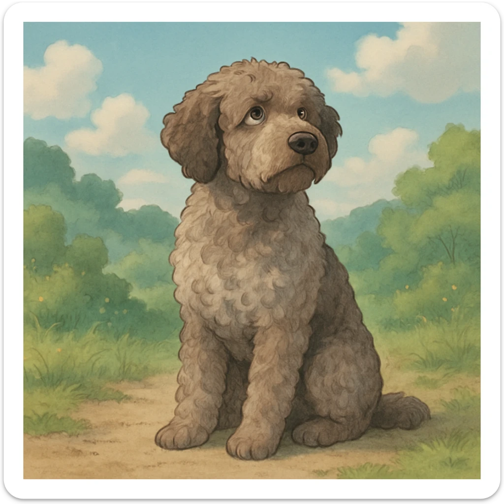 illustration of a roan Lagotto Romagnolo dog, sitting, soft background, ghibli style sticker