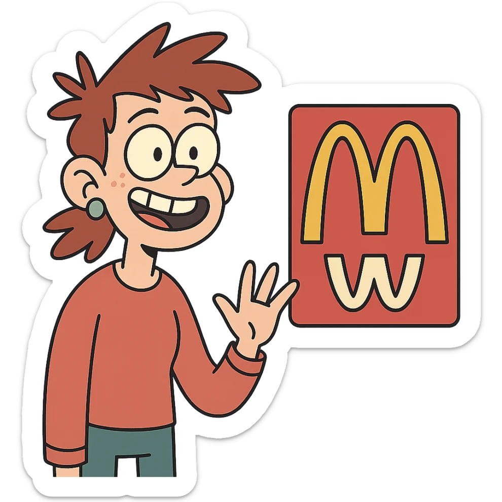 fake McDonald's logo with altered golden arches, quirky and fun, flat design sticker