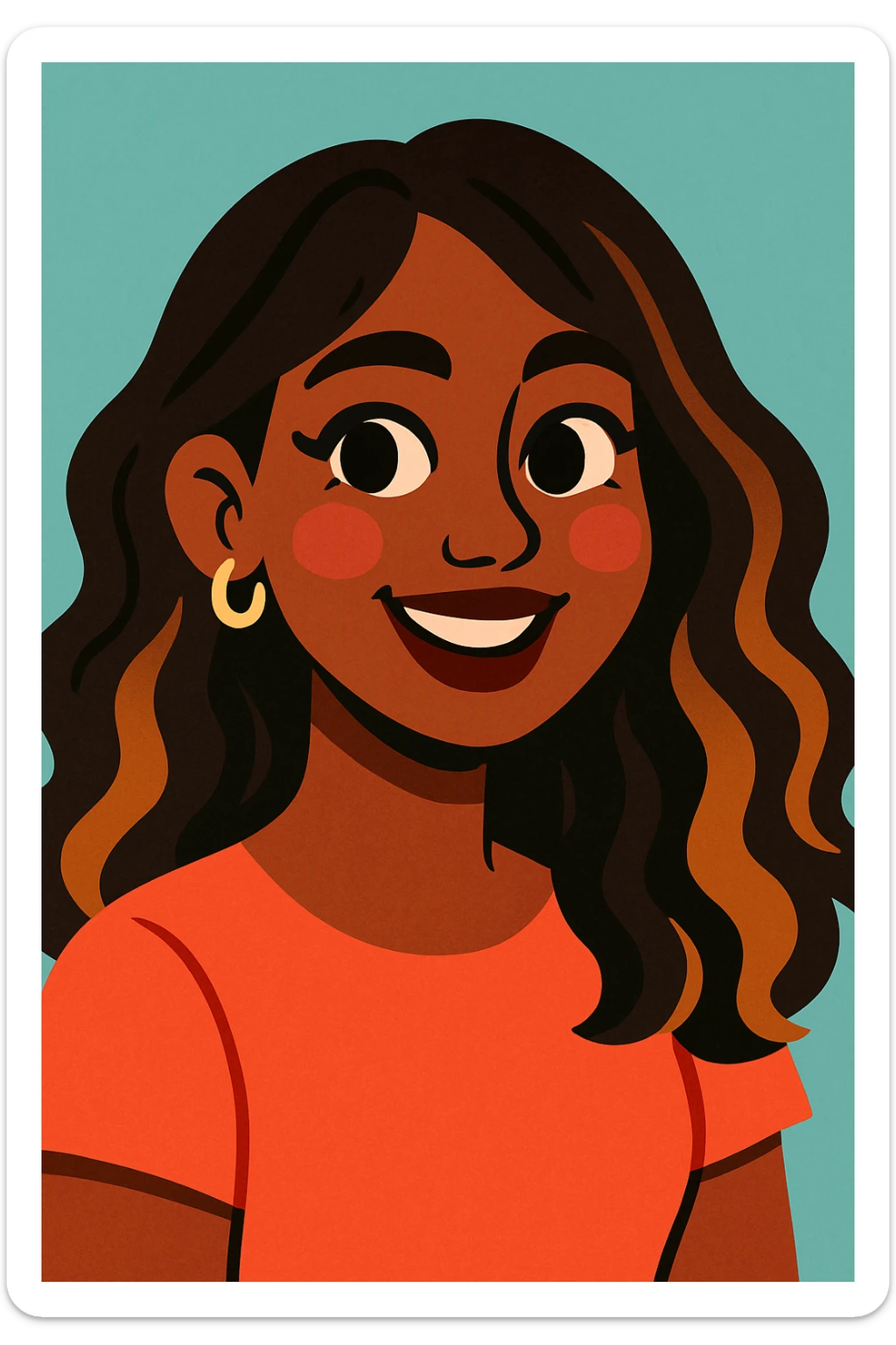 young woman with dark skin, brunette hair with caramel balayage, brown eyes, curled lashes, blush, in a vibrant, expressive illustration sticker