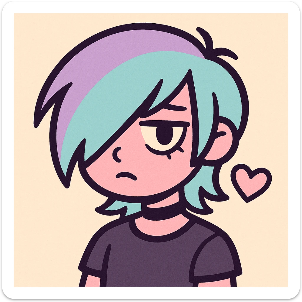 pastel emo profile picture with a heart accent, cute, expressive, minimal sticker