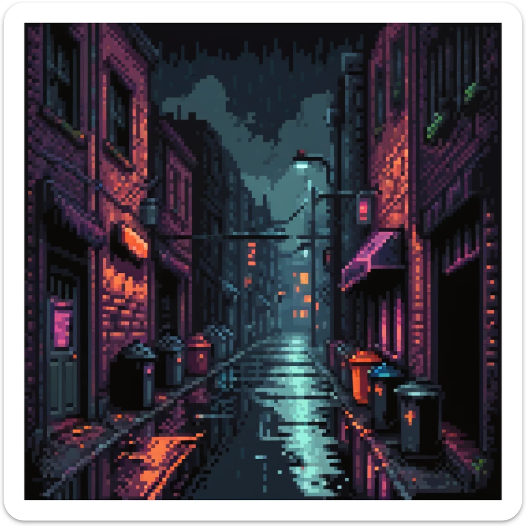 Pixel art background, dark Gotham City alley at night, flickering neon signs, wet asphalt, trash bins, moody streetlight, silhouettes in windows, Sega fighting game style
 sticker