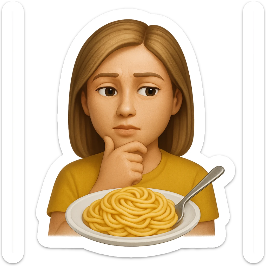 donna che guarda pensierosa un piatto di pasta, stile emoji iphone, iperrealistico 4k sticker