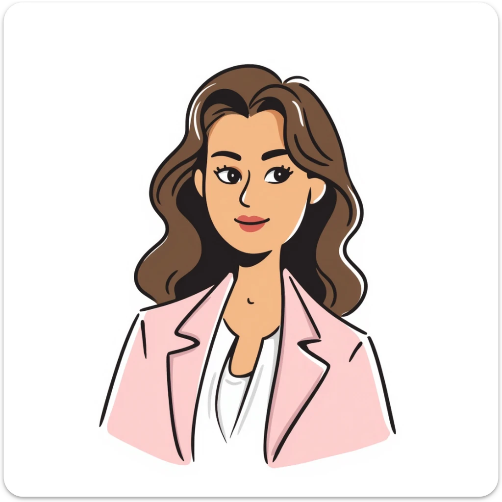 A 30-year-old woman with tanned skin, light brown long wavy hair with curled ends, delicate face, almond-shaped eyes with smoky foxy eye makeup, brown eyes, wearing a light pink elegant blazer and white satin cowl neck blouse with thin straps sticker