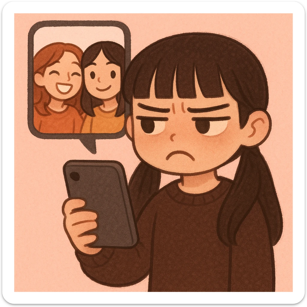 stylized illustration of a young girl with long dark hair in pigtails and blunt fringe, dark brown outfit, holding a phone with a jealous, annoyed face; enlarged phone screen shows two friends smiling in a selfie; minimal pink background; soft and cute cartoon style; focus on her emotional reaction sticker