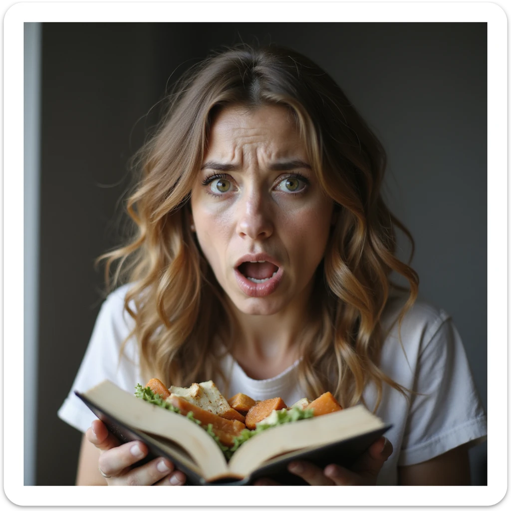 adult woman, photorealistic, throwing away a diet book with exasperated expression, scale in background, natural light, kitchen background sticker