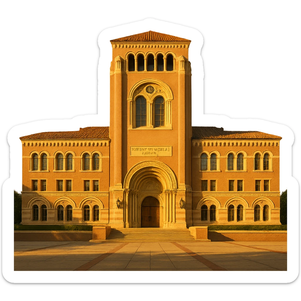 cinematic, realistic emoji of the Doheny Memorial Library at the University of Southern California in Los Angeles, straight-on perspective, featuring its iconic Romanesque Revival architecture, lifelike detail, bright regal lighting as on a sunny day, accurate building colors, transparent background sticker