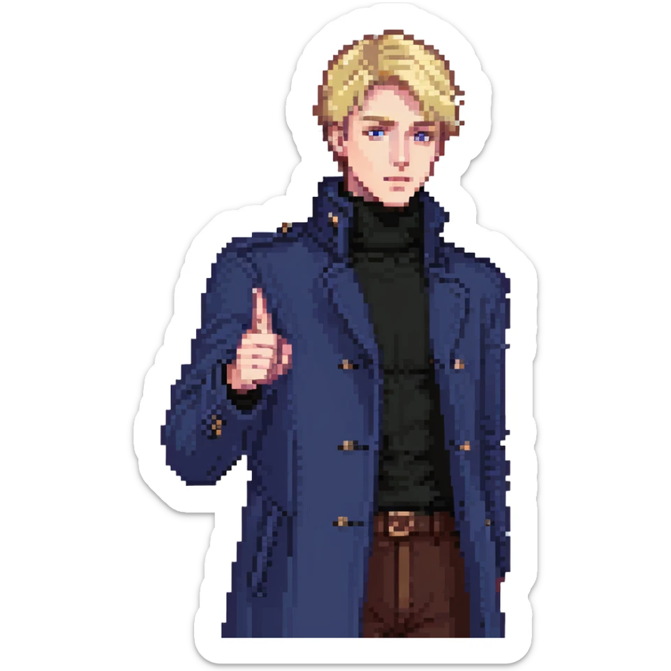 Flat pixel art, bold and charismatic male leader, Caucasian, short neat blonde hair, sharp eyes, indigo coat over black turtleneck, one arm raised pointing out, waist-up, front-facing sticker