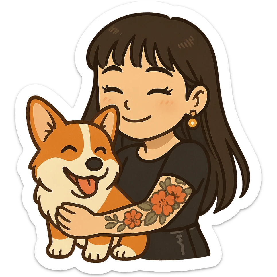 Ghibli-style emoji of an Asian girl with long hair and wispy bangs, black leather dress, gold earrings, subtle false lashes, and a 3/4 sleeve tattoo with flowers on her left arm, hugging a cheerful red head tri-color corgi, simplified, emoji-like sticker