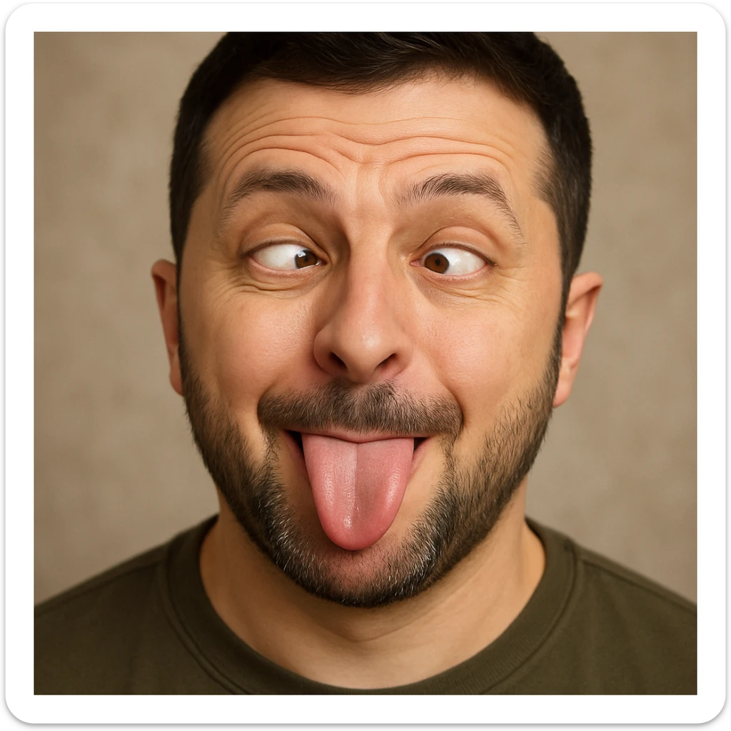 Vladimir Zelensky, photorealistic, emoji style, making a playful silly face sticker
