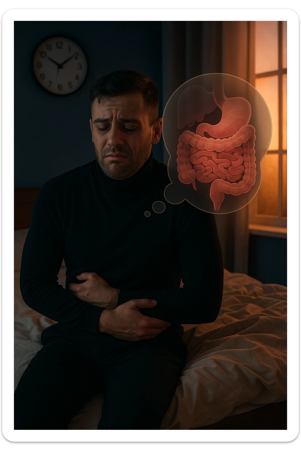 a tired-looking man sits on the edge of his bed at dawn, holding his stomach with a pained expression. Dark circles under his eyes and a messy bed indicate poor sleep. In the background, a clock shows early morning hours, and a thought bubble or overlay highlights digestive organs, emphasizing intestinal discomfort linked to sleep deprivation. sticker