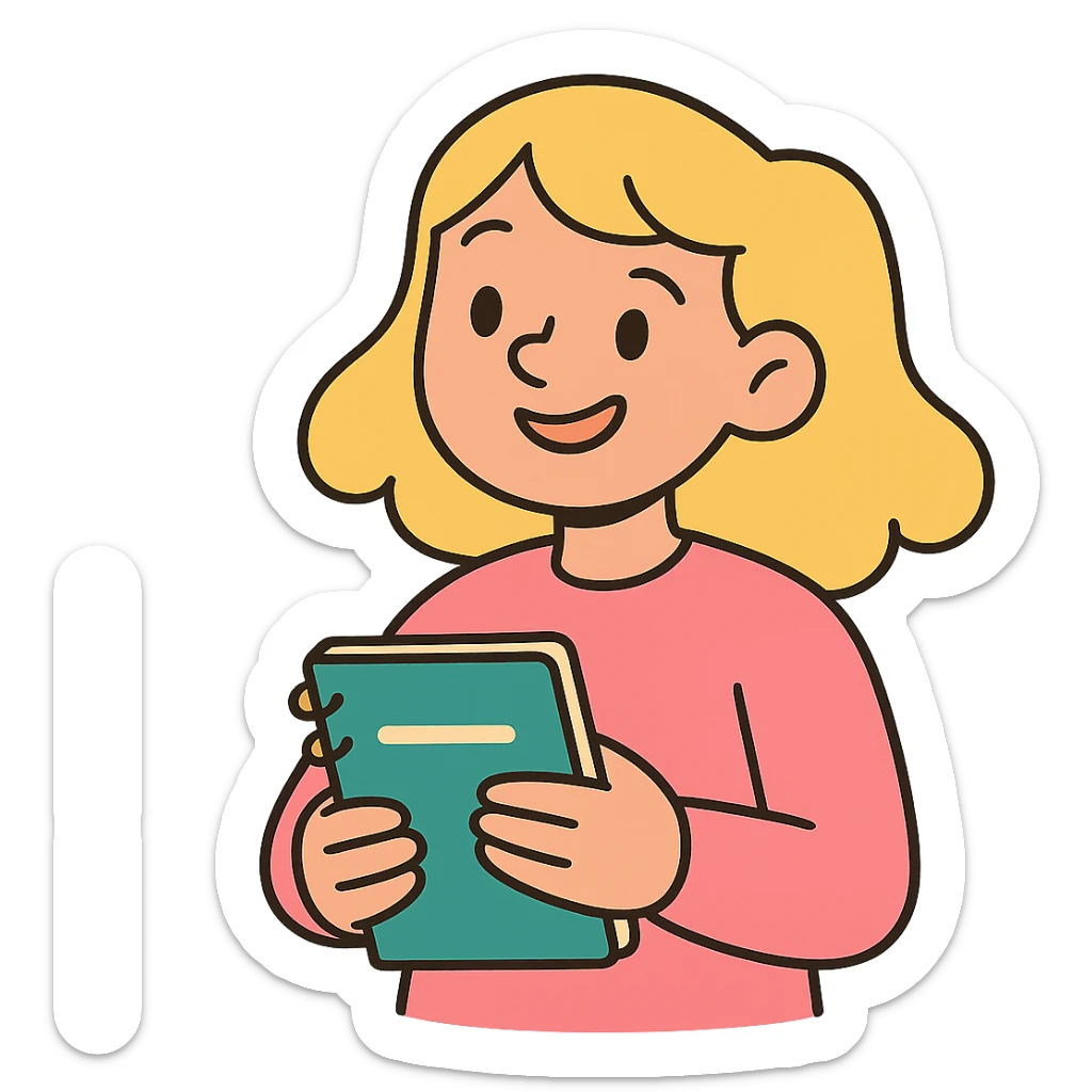 A blonde girl wearing a pink sweater, holding a notebook in her hands, smiling sticker