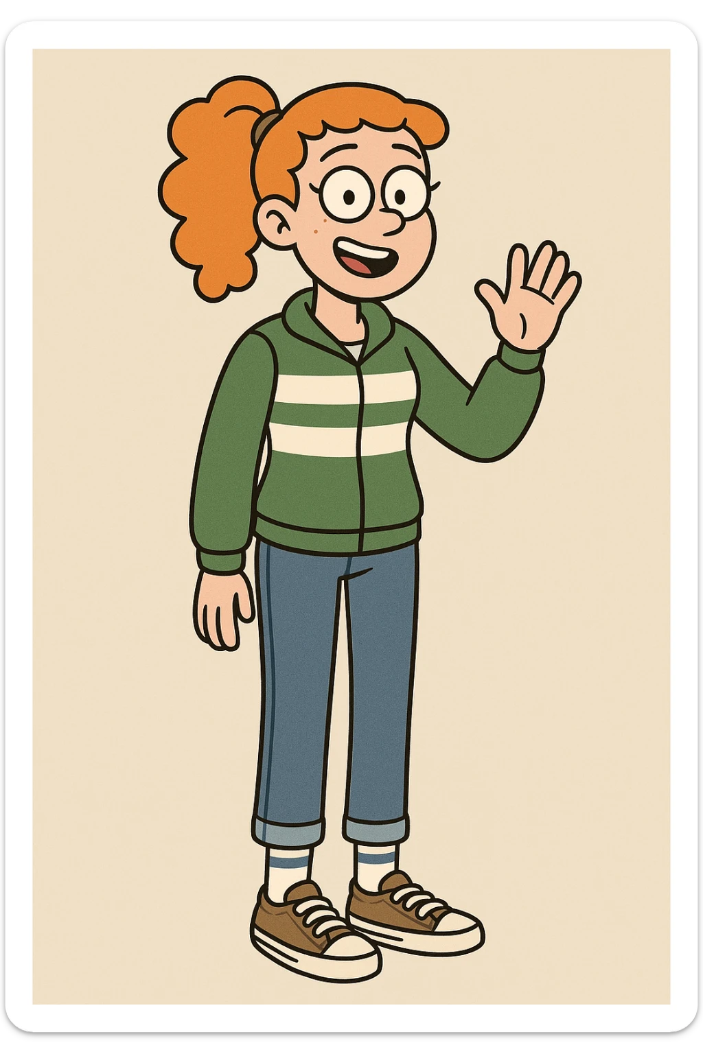 A girl Orange curly ponytail white green stripes ddre sshair jacket jeans blue sports striped socks brown converse women's chuck taylor all star shoreline slip on casual shoe wave and say hello sticker