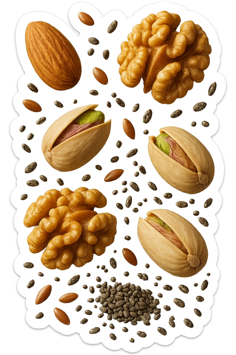 Mandorle, noci, pistacchi, semi di lino e di chia FLUTTUANO IN ARIA, IPERREALISTICO 4K sticker