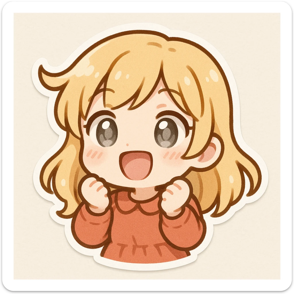 excited girl with blonde hair, pale skin, and silver eyes, cute chibi style sticker