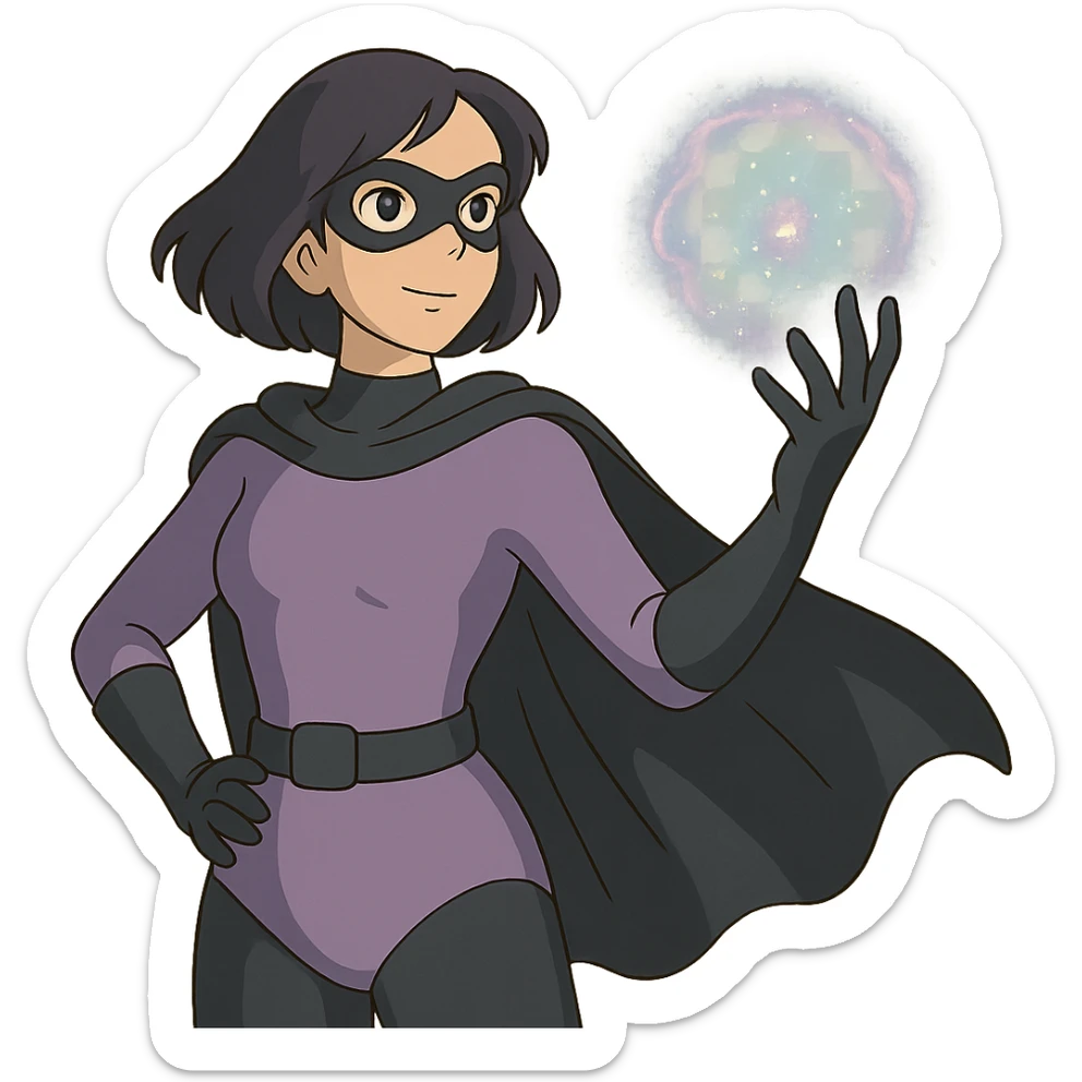 ghibli style superhero woman with soft purple and black costume, magical aura around her hand sticker