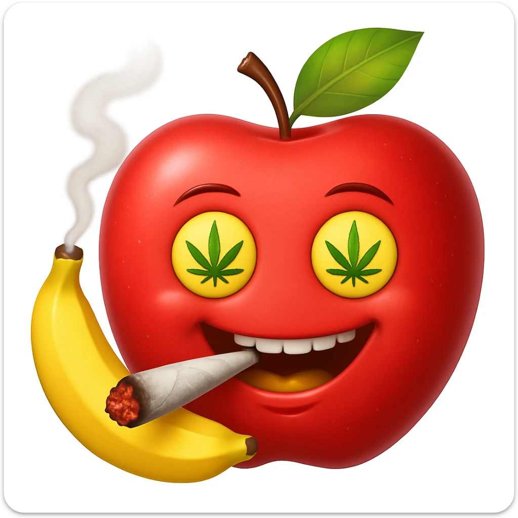 Add a cartoon joint with smoke to the smiley face made of apples as eyes and a banana as the mouth. Make it look like the face is smoking weed, keep the emoji style. sticker