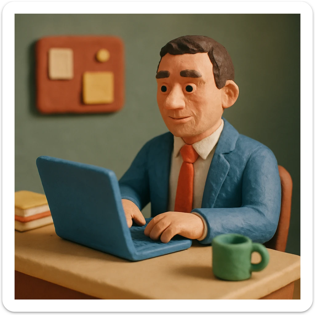 A 35-year-old male business coach sitting at a desk with a laptop sticker