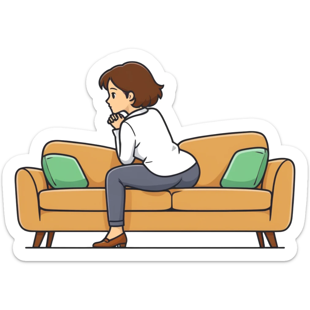  One Caucasian woman with brown hair, big boobs, wearing pants. Bent over couch sticker