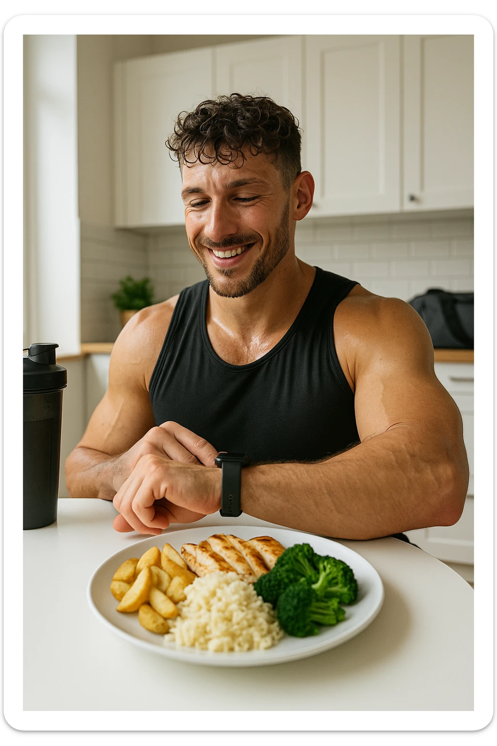 a fit man in his 30s, still in gym clothes and slightly sweaty, sits at a kitchen table right after a workout. In front of him is a balanced meal with a generous portion of rice, pasta, or potatoes, along with lean protein and vegetables. He checks his watch or a fitness app, smiling with satisfaction as he times his post-workout meal. The background is a bright, modern kitchen, with a shaker bottle and gym bag visible. sticker