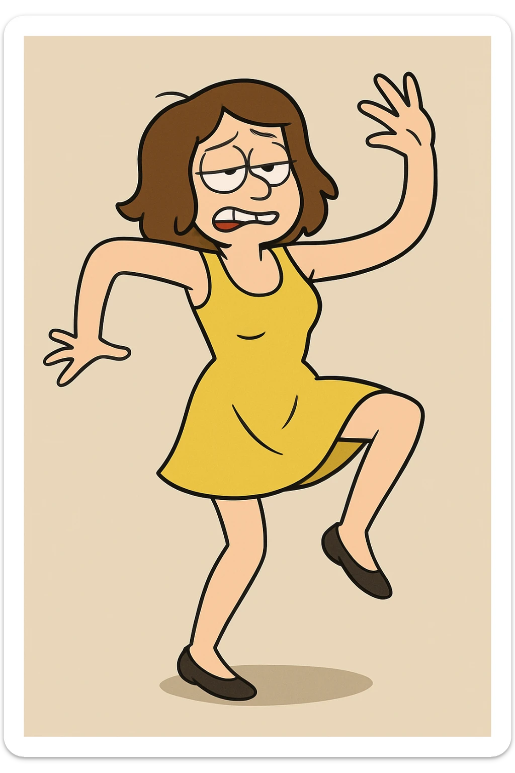 Change the dress to yellow, keep the woman with clumsy dance moves in the same style and pose. sticker