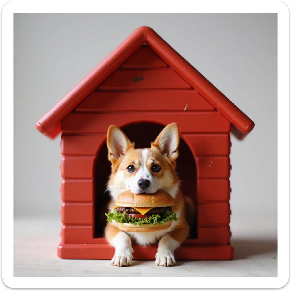 realistic red dog house with a Corgi dog inside, Corgi with a hamburger, photorealistic style sticker