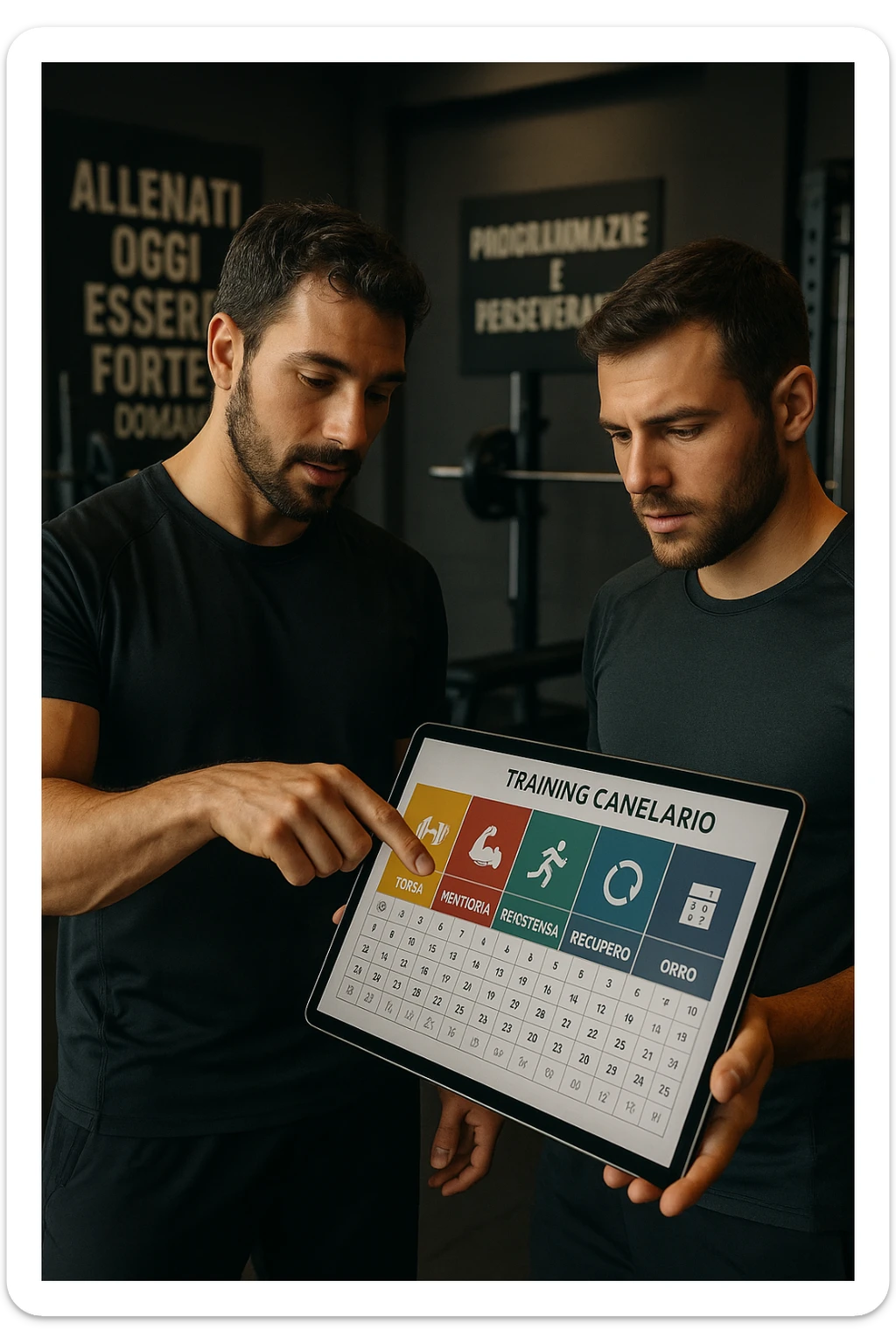 realistic cinematic photo a personal trainer and a client stand in a modern gym, reviewing a large, color-coded training calendario or chart on a tablet. The calendario shows different phases (Forza, Ipertrofia, Resistenza, Recupero) with icons and dates. Around them, gym equipment and motivational posters reinforce the idea of structured, periodized training. in italiano sticker
