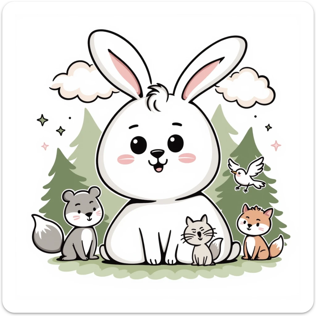 hand-drawn Japanese kawaii mori style illustration of fluffy pastel bunny with round baby face, big sparkling eyes, pink blush, with squirrel, bear, fox, and bird, soft pastel green forest, dreamy clouds, pastel stars, mushrooms, soft pastel tones, transparent background, high resolution sticker