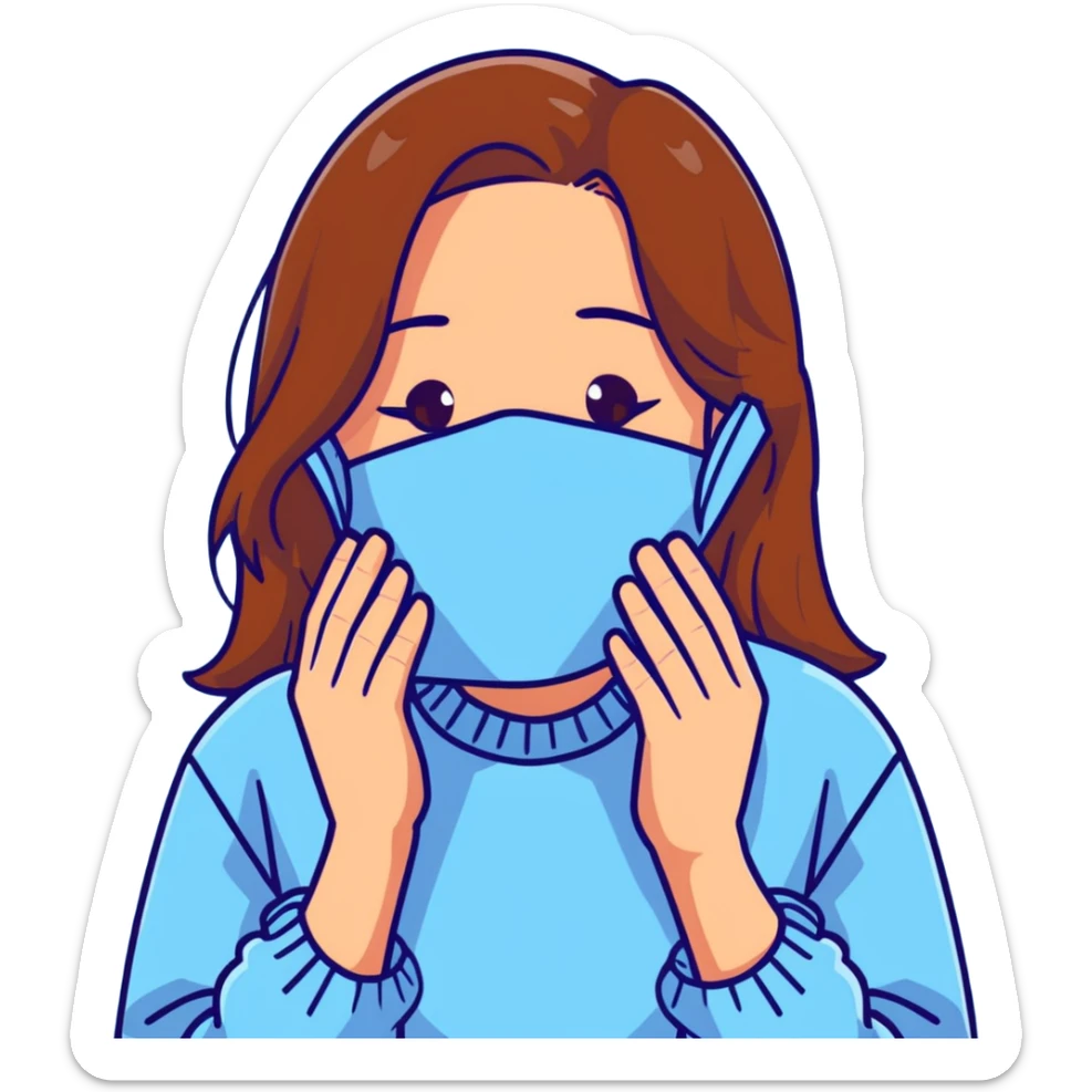 brunette girl with brown hair wearing pastel blue clothes covering her face with her hand sticker
