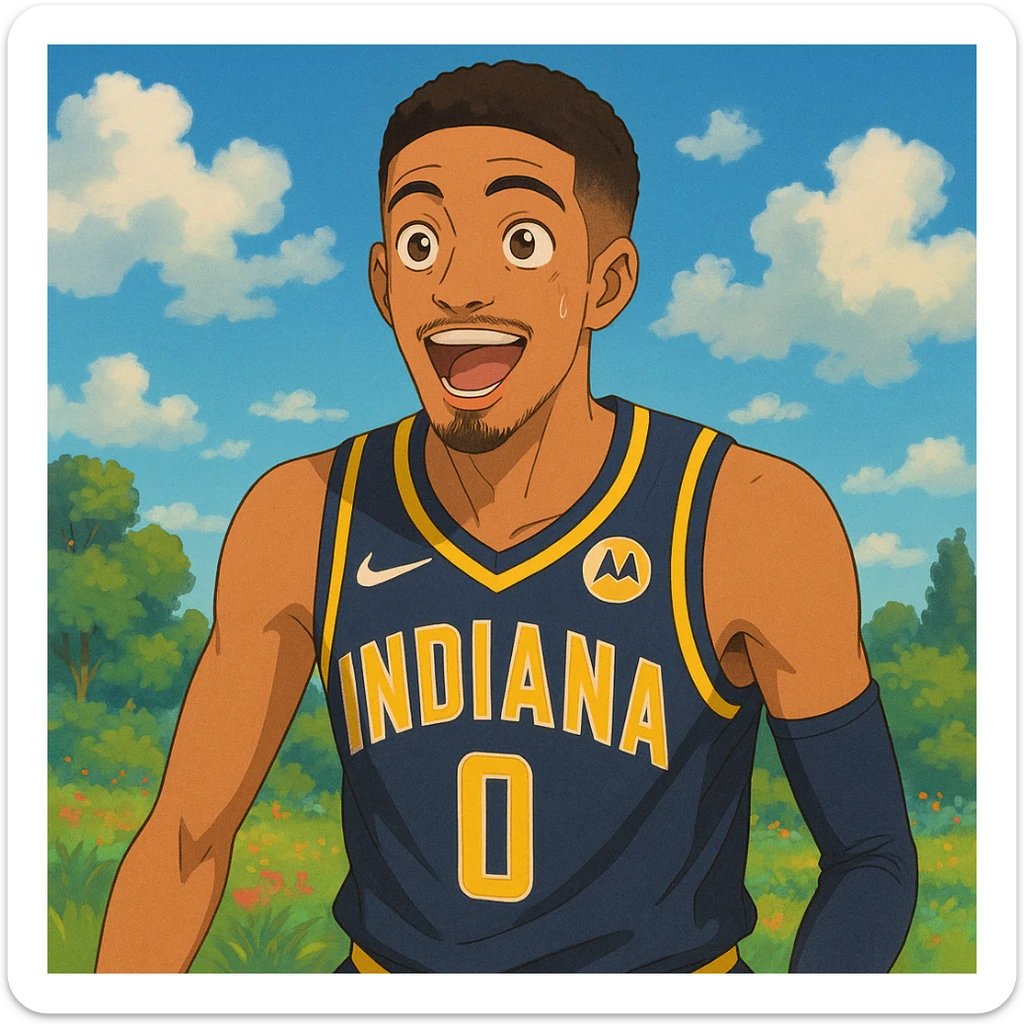 Tyrese Haliburton wearing an Indiana Pacers jersey, expressive and detailed, vibrant colors, soft shading, whimsical background in Ghibli style sticker