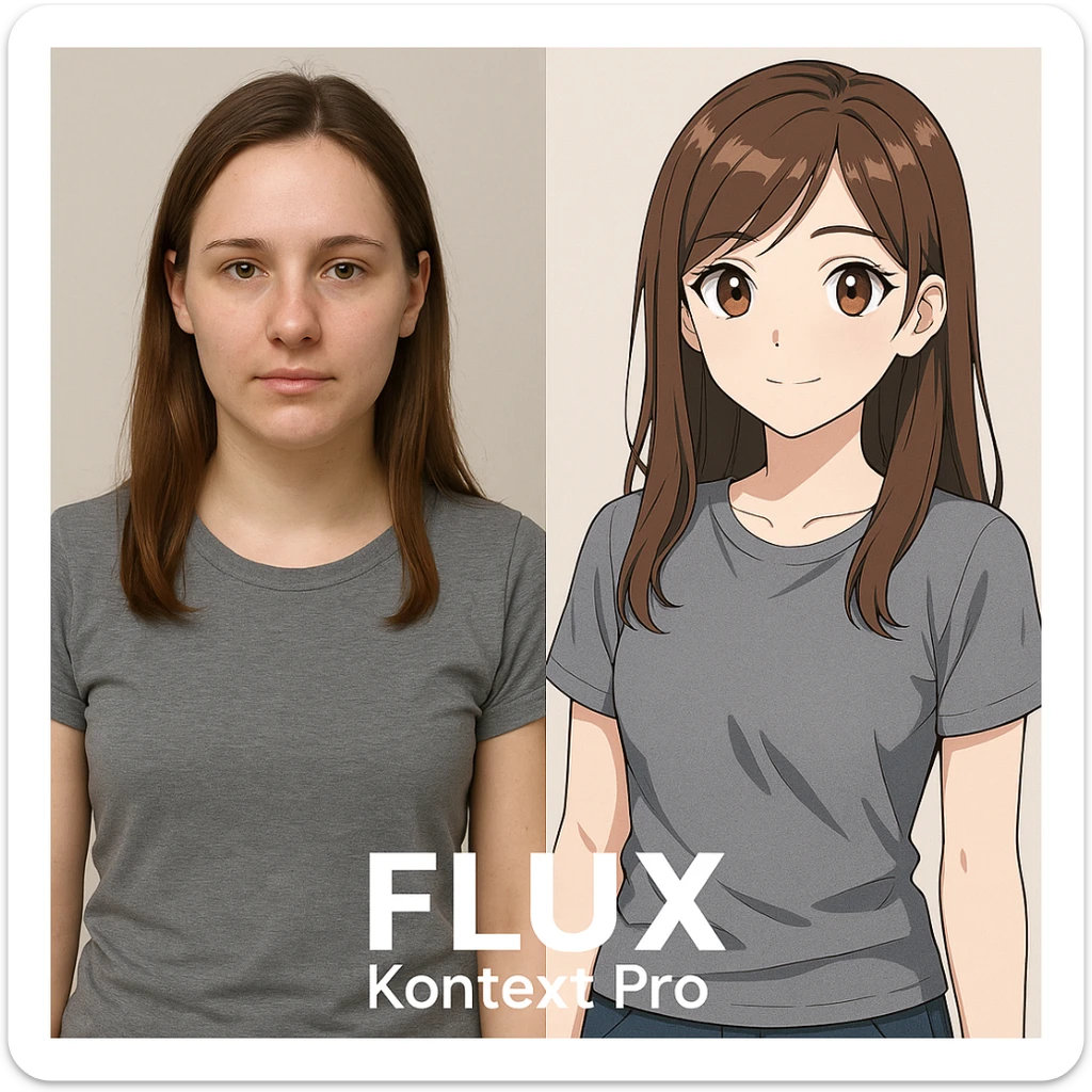 create before after image of a girl before is realsitic photo, after is anime version of her in same pose and clothes, add logo with text of a "FLUX Kontext Pro" sticker