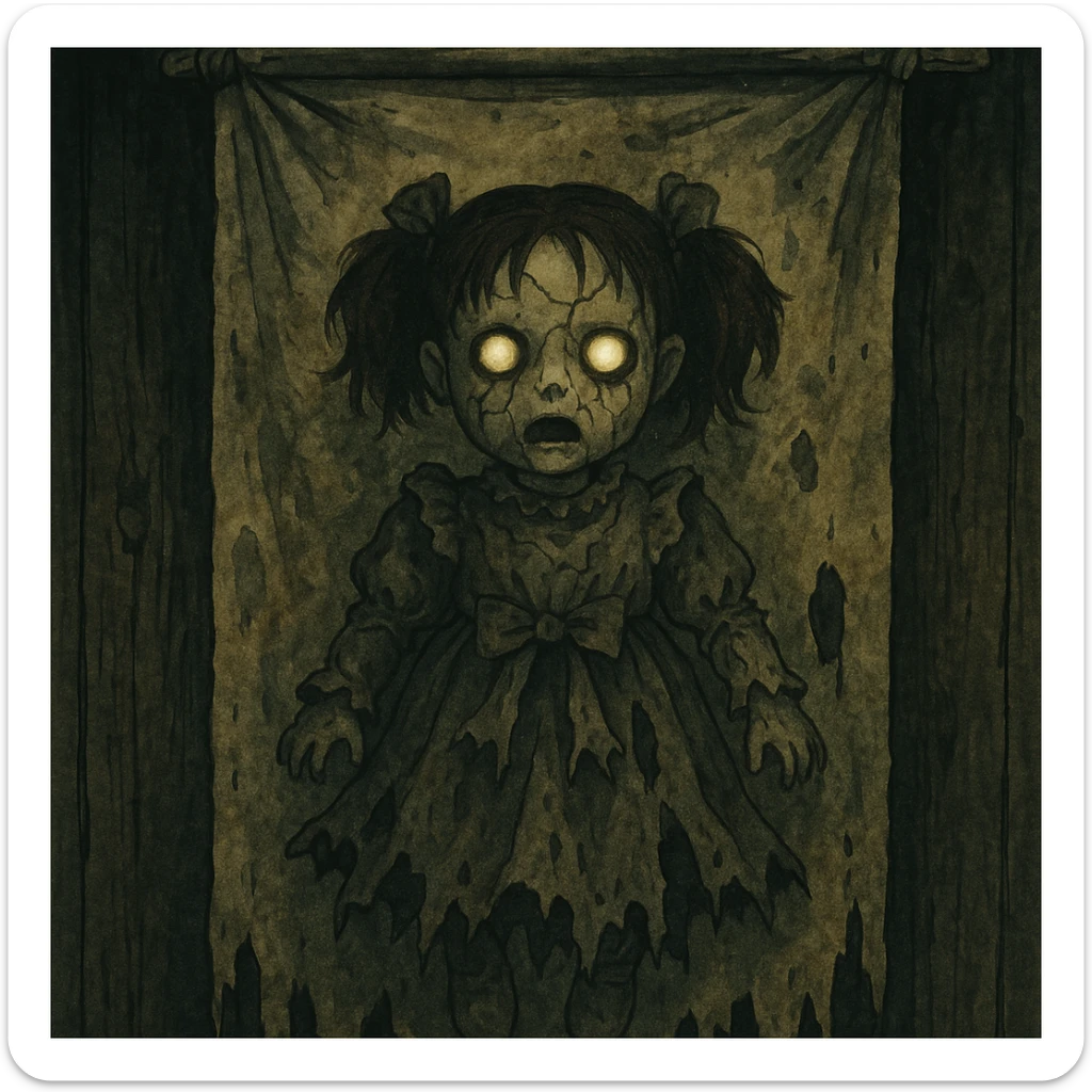 creepy banner, possessed doll with cracked porcelain face, glowing eyes, torn dress, horror illustration style sticker