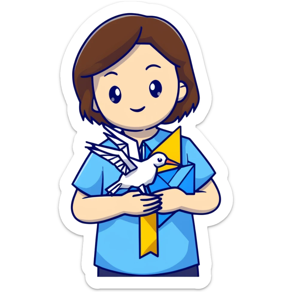 Happy Ukrainian young girl with brown hair in a white embroidered shirt holds an origami yellow and blue crane sticker