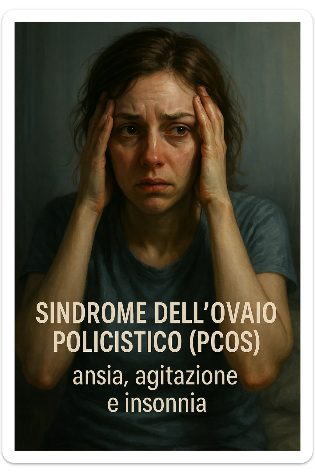 vertical realistic illustration of a woman with polycystic ovary syndrome, visibly anxious, agitated, and insomniac. Worried expression, tired eyes, clinical atmosphere, dramatic lighting, Italian captions, aspect ratio 2:3 sticker