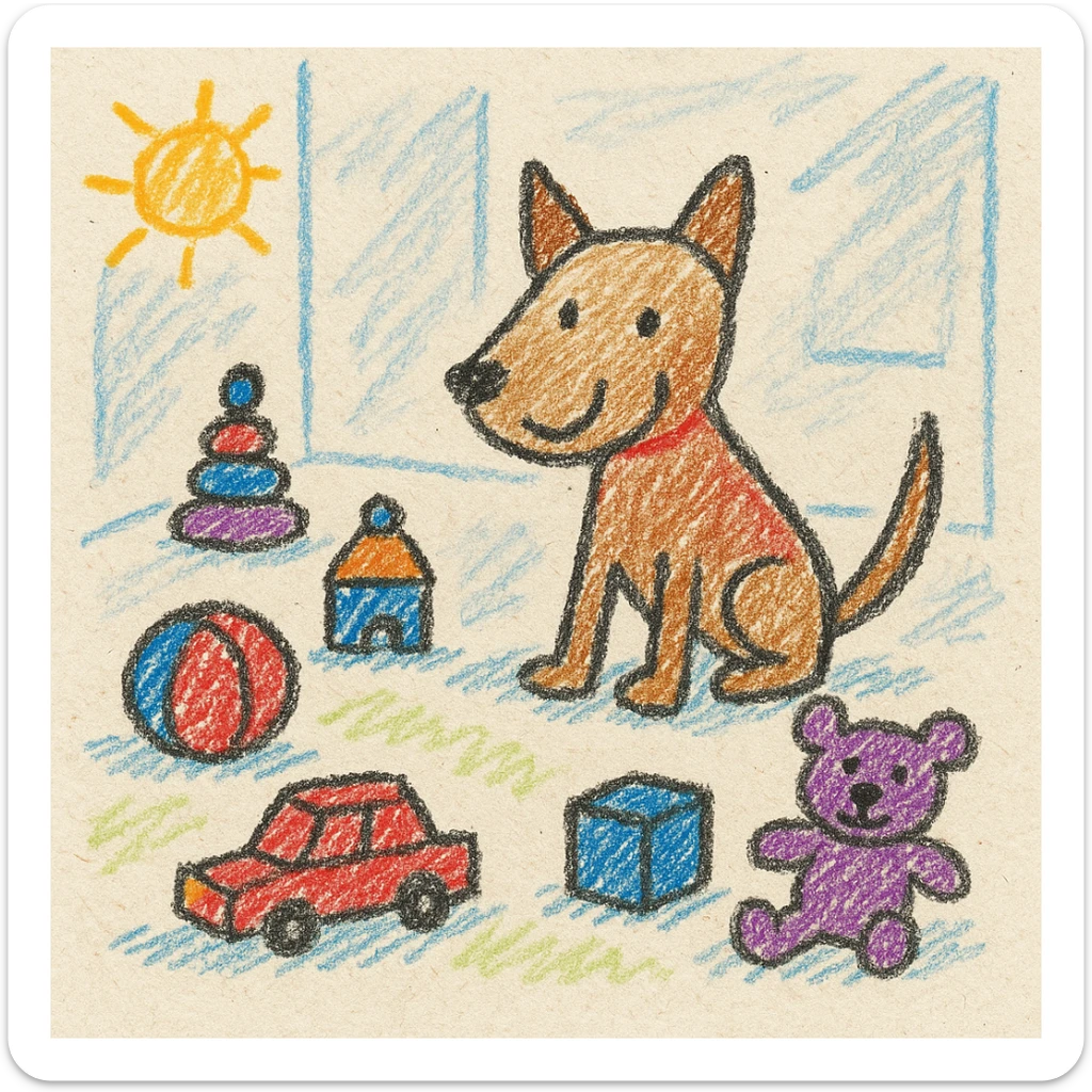 a dog in a room with toys, children doodle style sticker