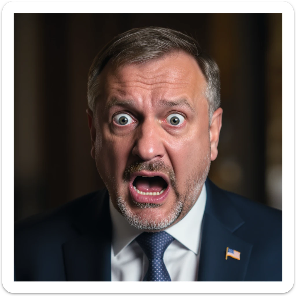 highly realistic, photorealistic portrait of Volodymyr Zelensky with an expression of fear and shock, entire head and shoulders fully visible, centered in frame sticker