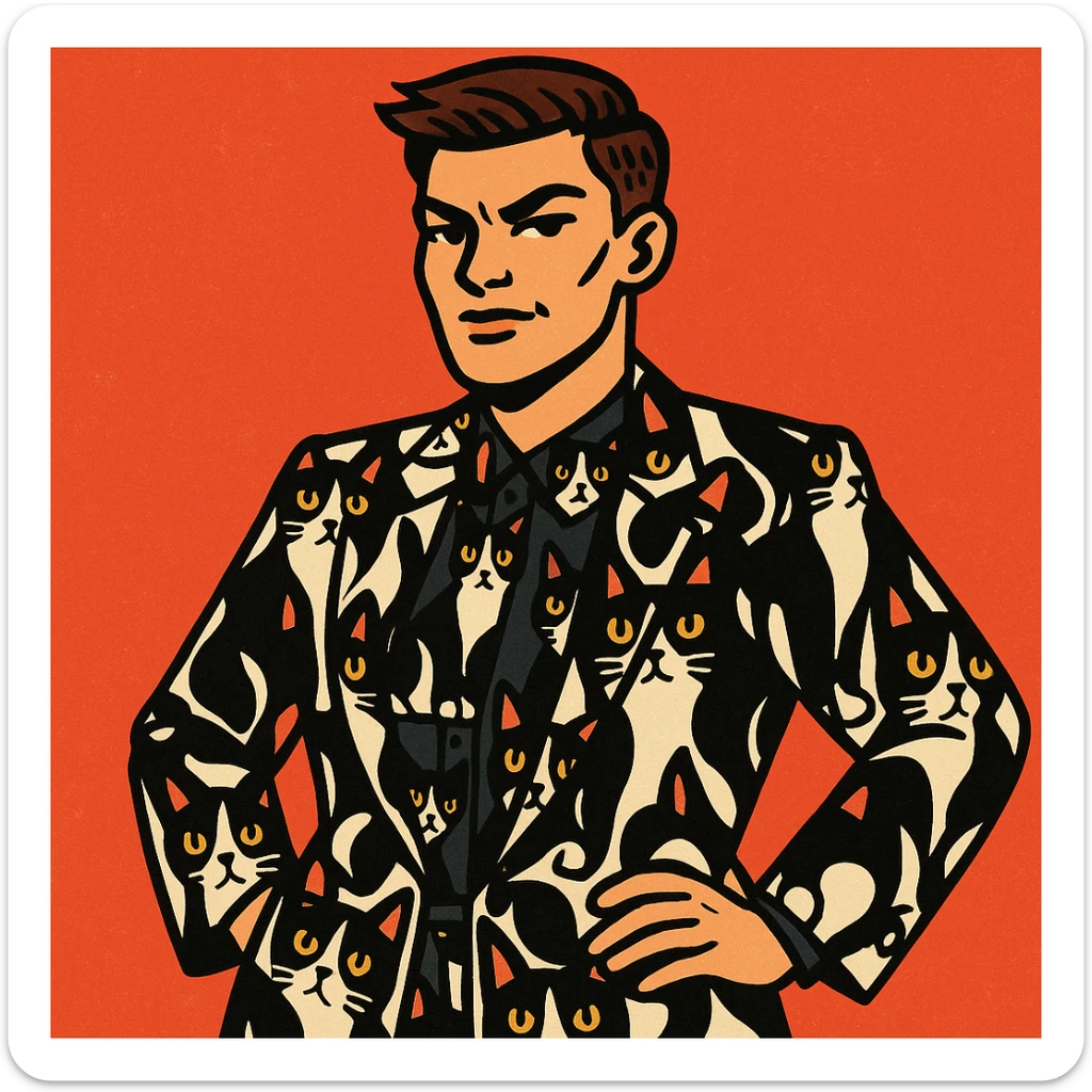 masculine woman with short brown hair and a tuxedo cat, style 4 sticker