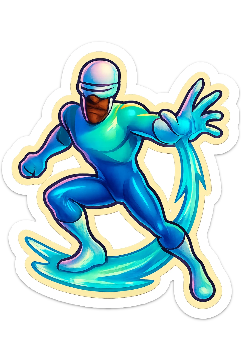 Superhero in the style of Frozone, dynamic icy pose, bold outlines, vibrant colors, retro stickers style sticker