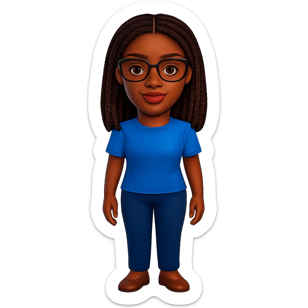 Kemi Badenoch headshot emoji with glasses and braided hair standing, transparent background sticker