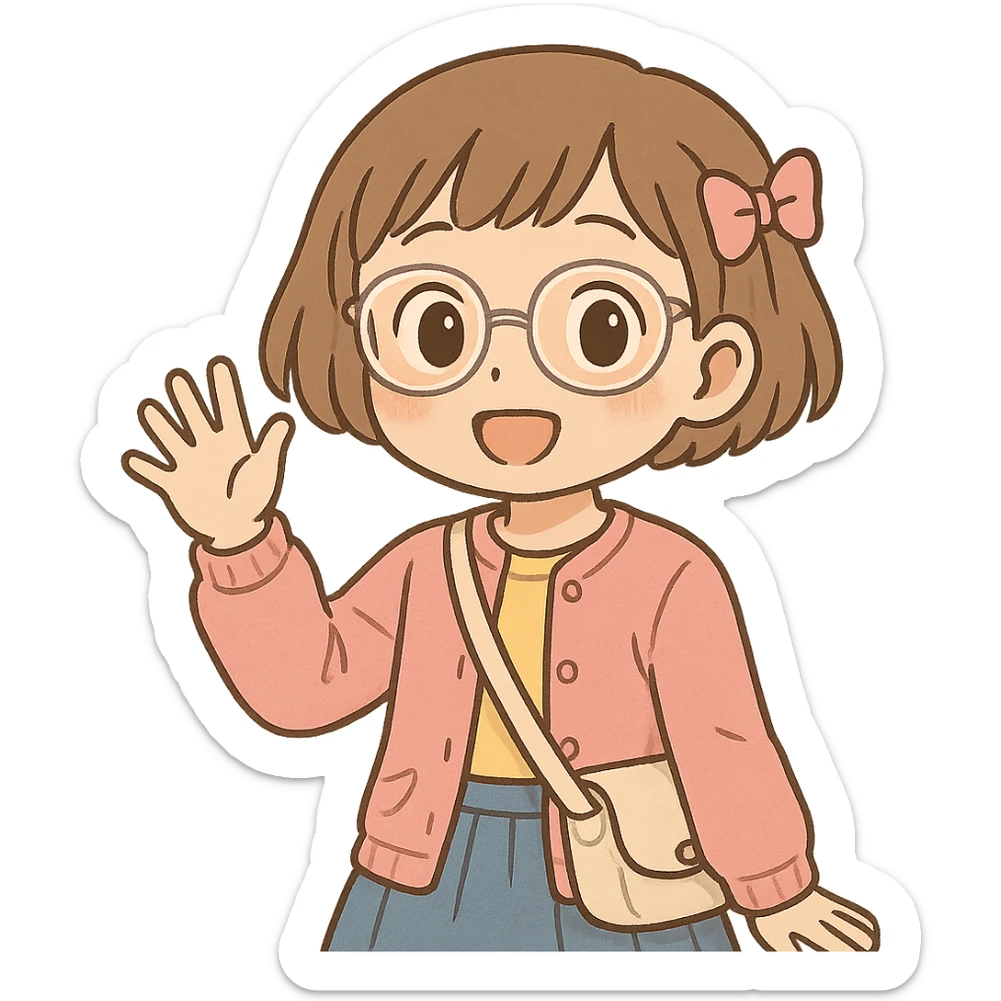 10 year old girl with clear glasses and short light brown hair, cute core style, waving sticker