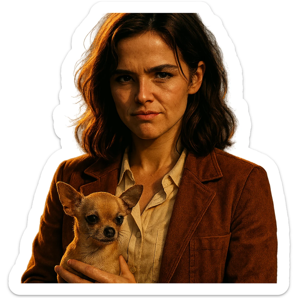 portrait centré d'une femme inspirée du visage de Zoe Deutch, teint hâlé, taches de rousseur discrètes, expression rebelle et enjouée, cheveux bruns mi-longs avec reflets auburn, chemise couleur #FFF8CA, veste rouille, tenant un chihuahua beige-marron, effet golden hour, fond transparent, style série Netflix, ambiance dramatique et contrastée sticker