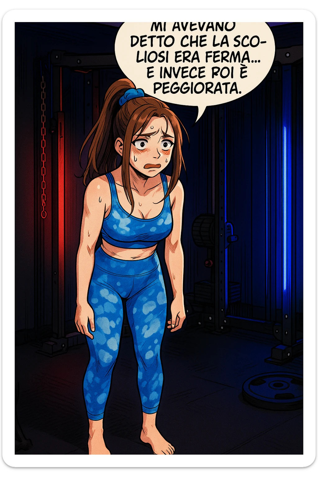 fai questa immagine in versione fumetto/manga/webtoon a colori, il manga mostra la donna disperata con un fumetto sulla testa che dice:
Mi avevano detto che la scoliosi era ferma… e invece poi è peggiorata.
 sticker