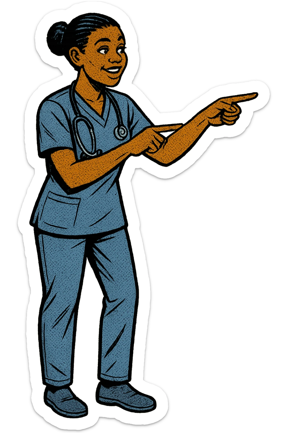 The full body of a caring young black female nurse with her hands pointing something out sticker