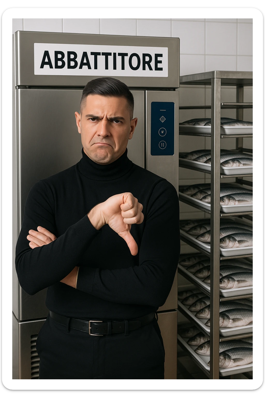 a man stands in front of a commercial fish blast freezer (abbattitore), arms crossed and a displeased, skeptical expression on his face. He shakes his head or gives a thumbs down, clearly rejecting the use of the freezer. The background shows a professional kitchen or fish processing area, with trays of fish ready for freezing. in italiano sticker