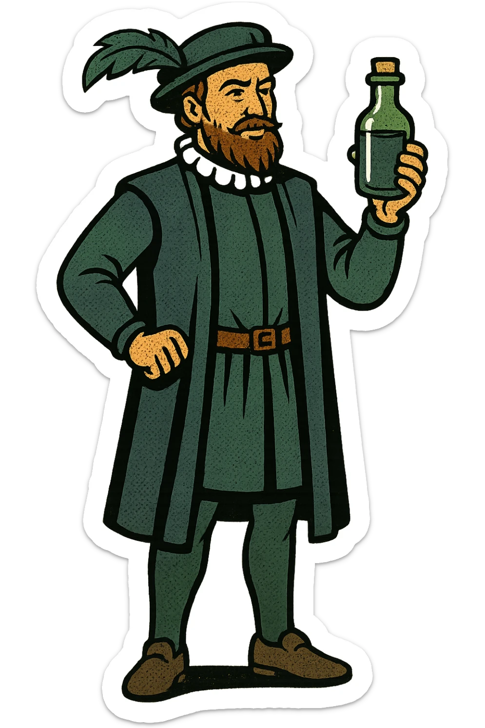 the full body of A male doctor from tudor england with his herbal medicine bottle sticker